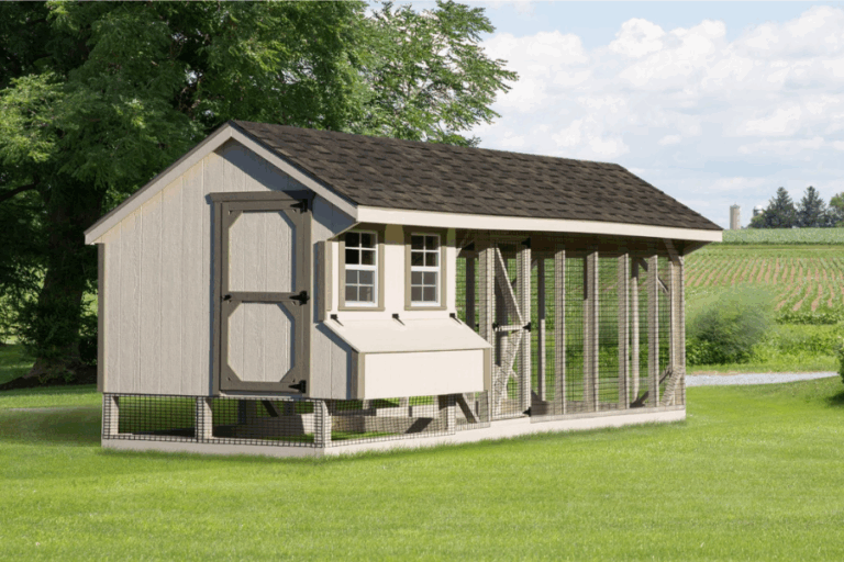 tan combination chicken coop in Georgia with dark tan and light tan trim and an attached run