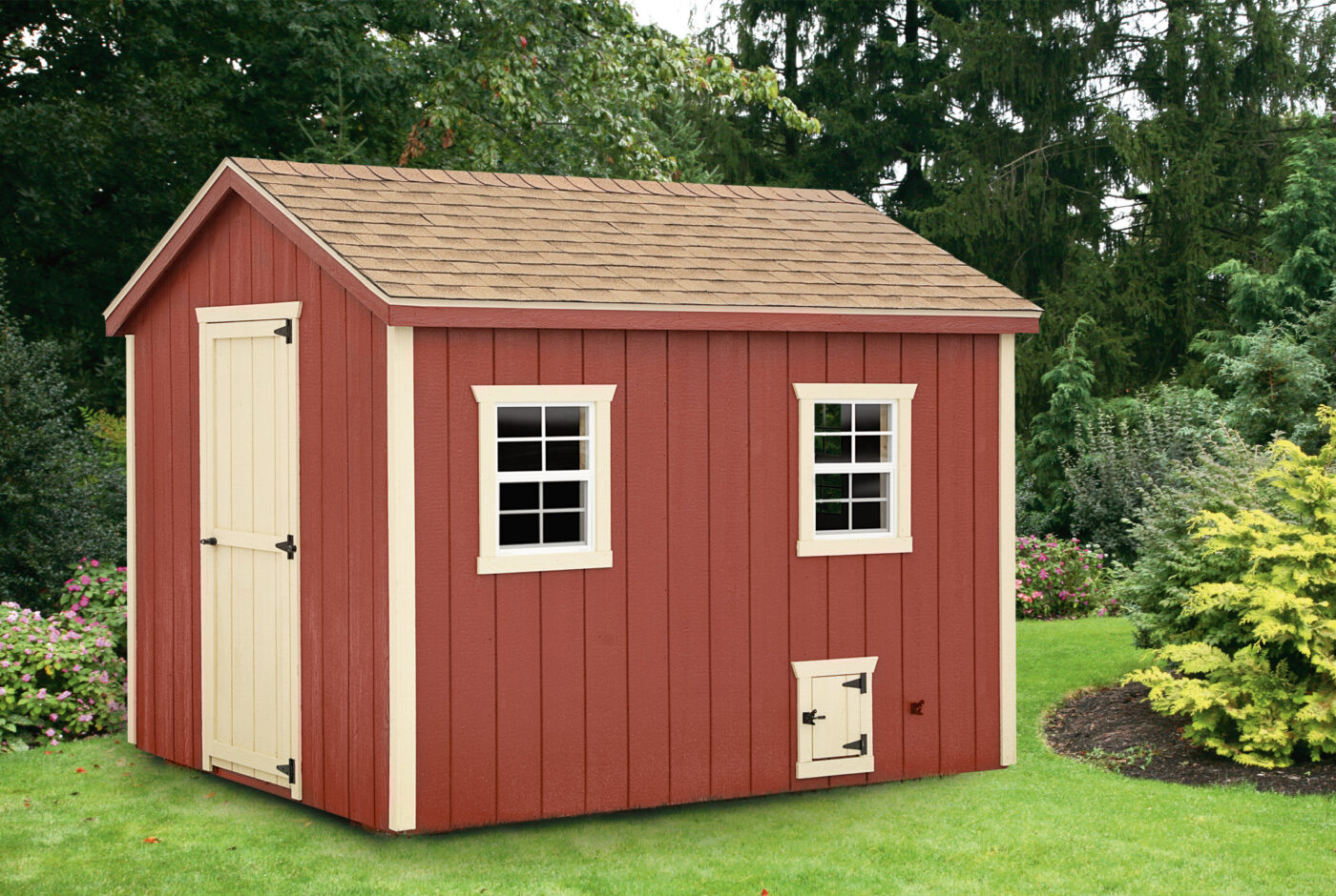 red A frame with tan trim and side door