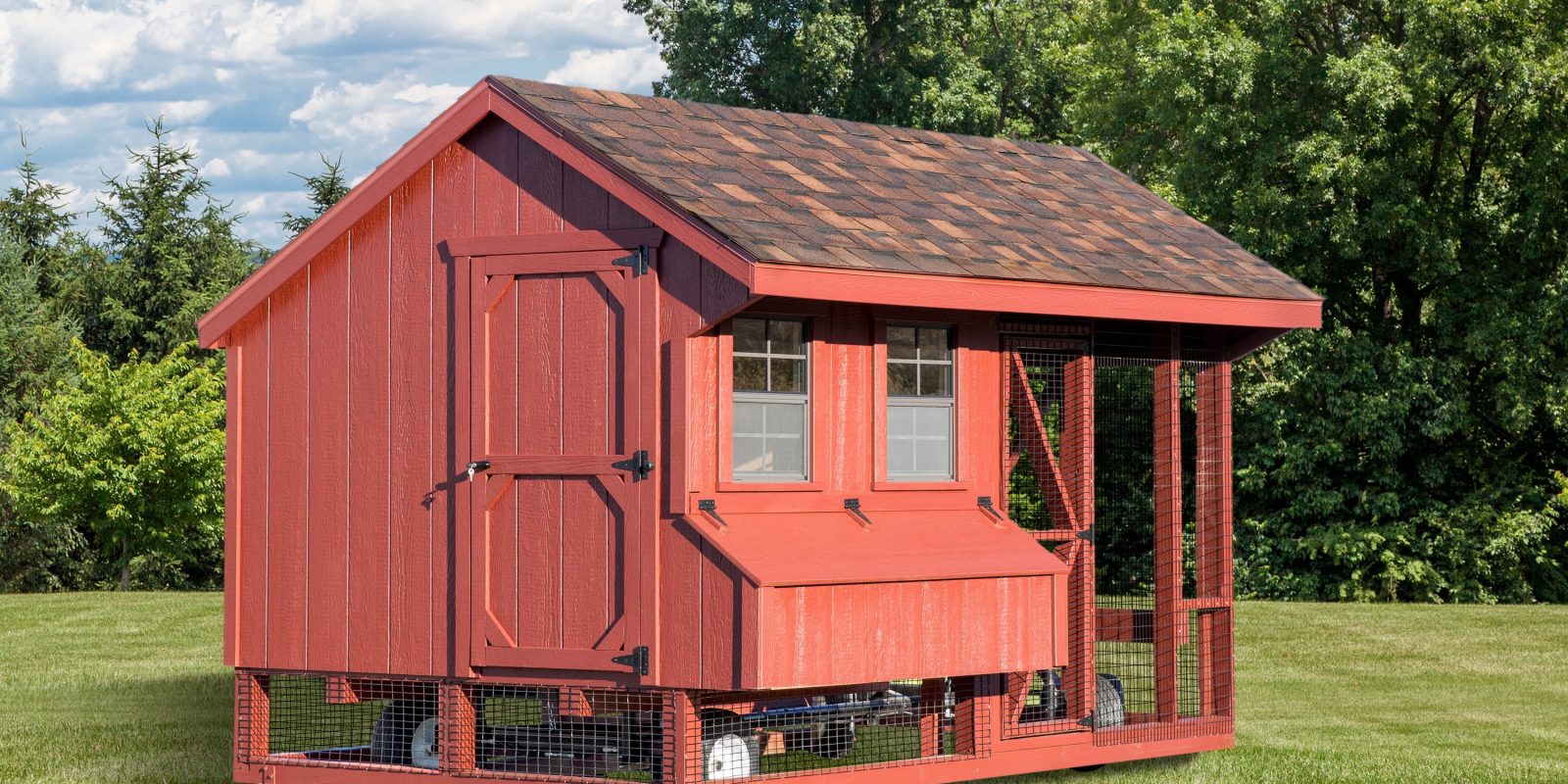 A wooden chicken coop for raising backyard chickens