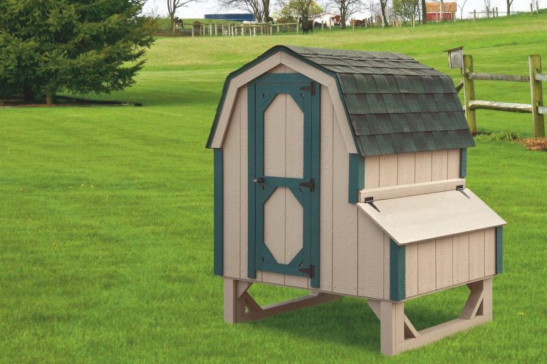 barn style chicken coops 4x4 Dutch With Duratemp® siding 78” high 14” off ground 4 nesting boxes Buckskin siding with green trim Forest green shingles