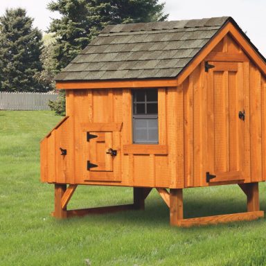 backyard chicken coops 4x4 A Frame With board and batten siding 65” high 14” off ground 4 nesting boxes Rustic cedar stain Weather gray shingles