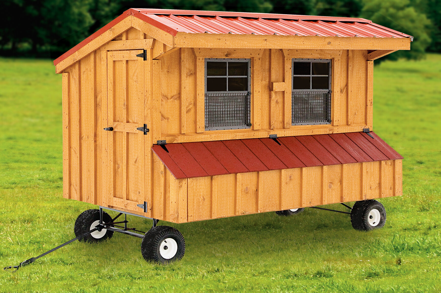 wooden quaker chicken coops with red liddded egg collection box and two windws