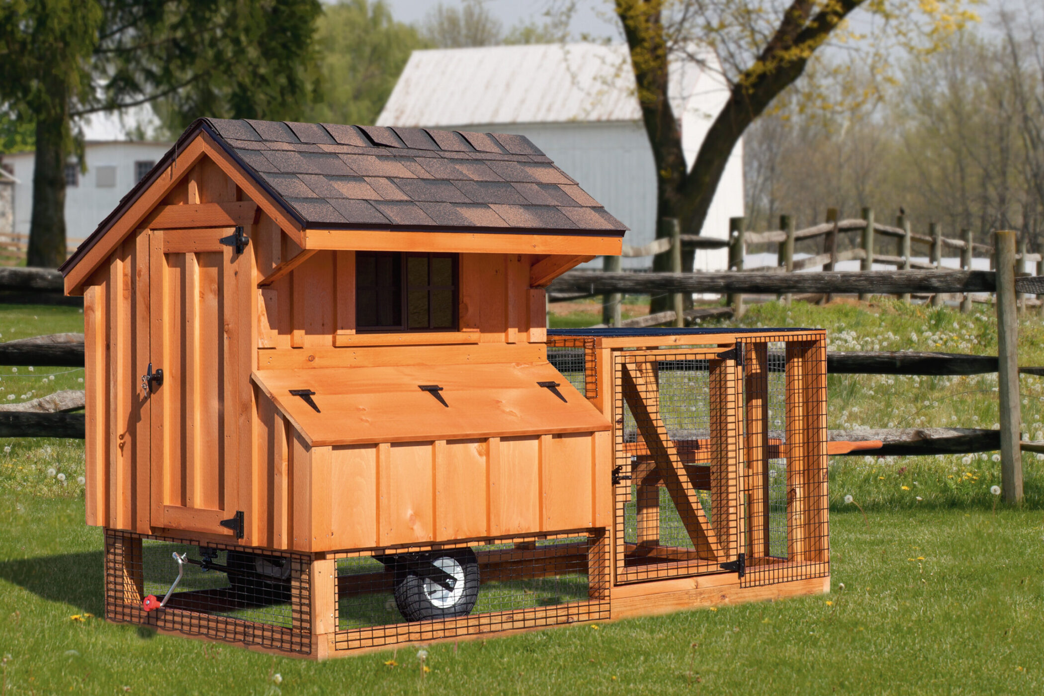 wooden tractor chicken coops in Charlotte Hall MD with outdoor run and wheels